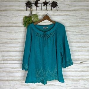 Figueroa and Flower Teal Boho Lace Peasant Blouse